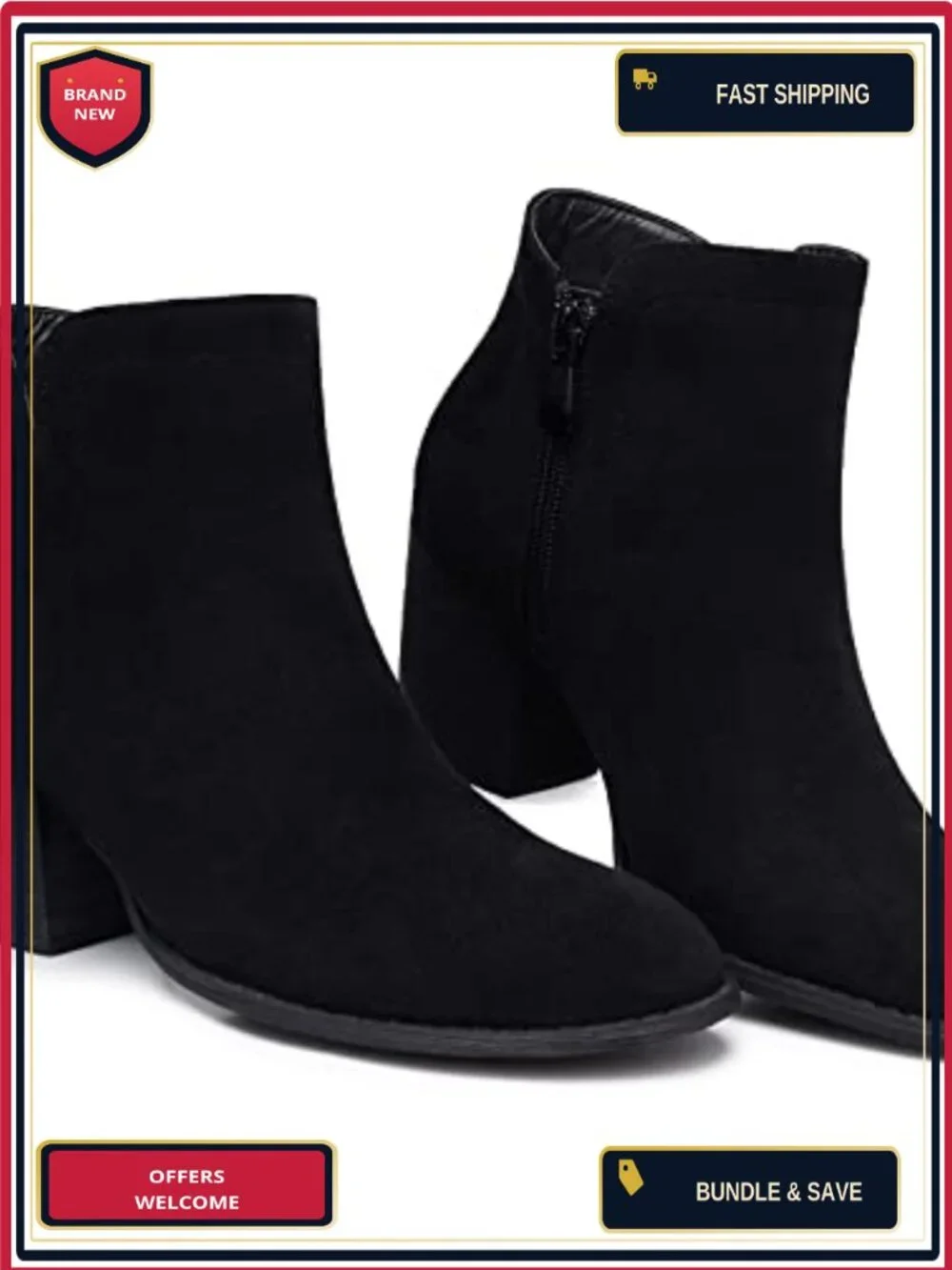 Women's Ankle Booties Faux Suede Low Heel Chunky Almond Toe Side Zip Fall Boots